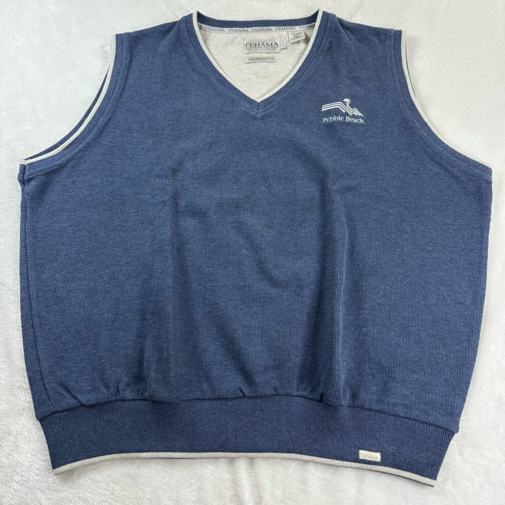 Tehama Clint Mens Size Large Pebble Beach Golf Sweater Vest Blue